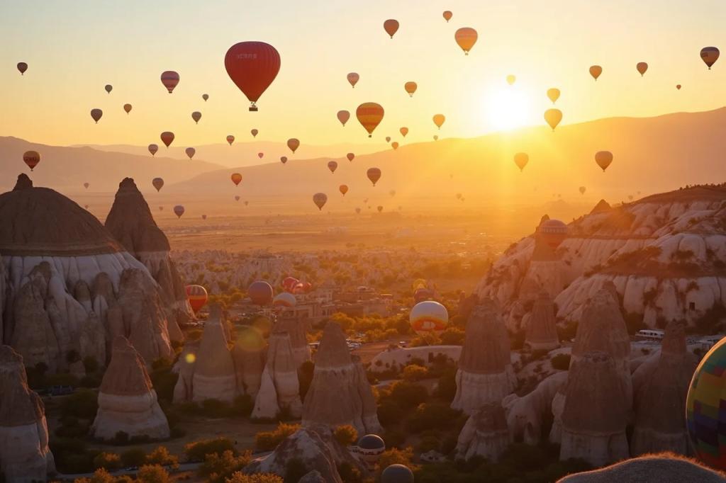 Kolorowe balony nad skalnymi kominami w Kapadocji w Turcji