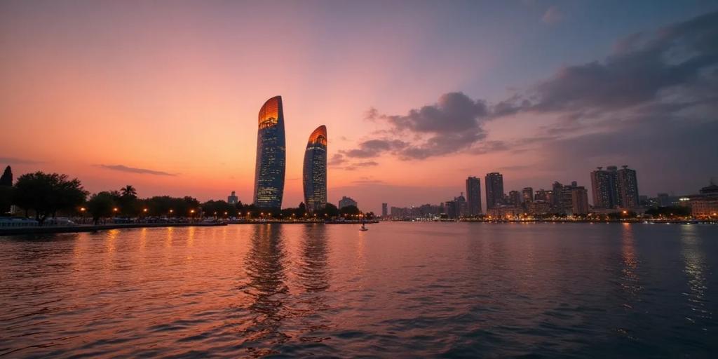 Wieże Płomieni (Flame Towers) w Baku wznoszące się o zmierzchu za kamiennymi uliczkami otoczonego murami Starego Miasta