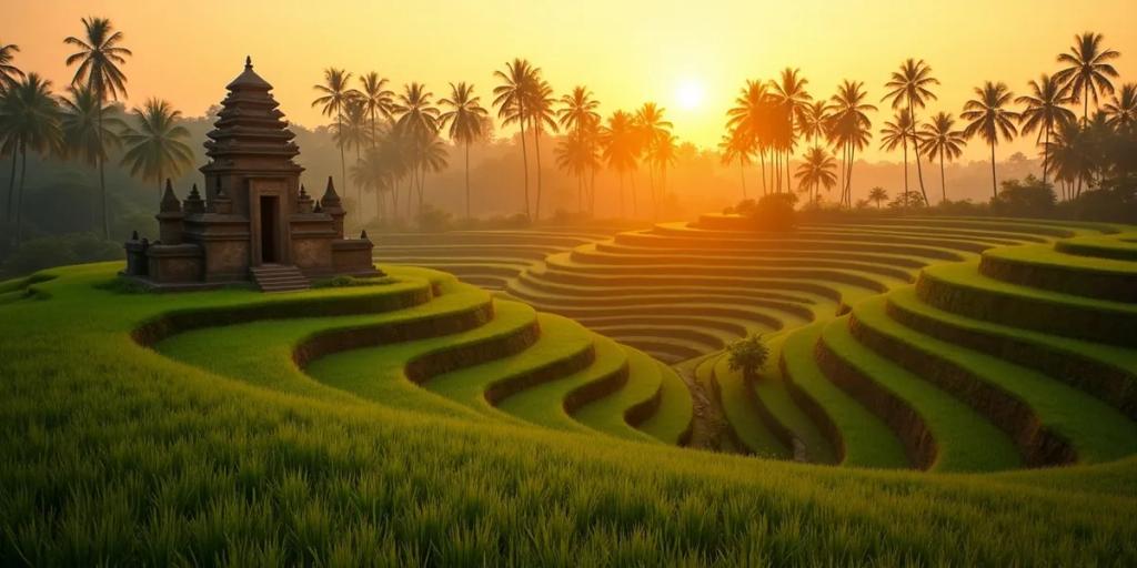 Tarasowe pola ryżowe i palmy w pobliżu Ubud na Bali w świetle późnego popołudnia