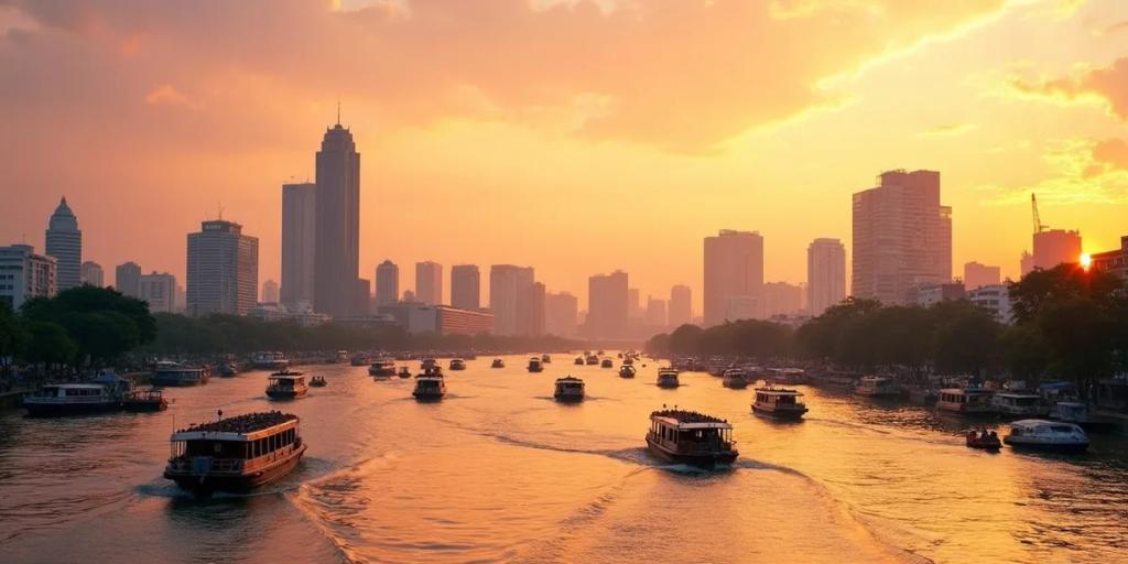 Panorama Bangkoku o zmierzchu z rzeką Chao Phraya i przejeżdżającym pociągiem BTS Skytrain