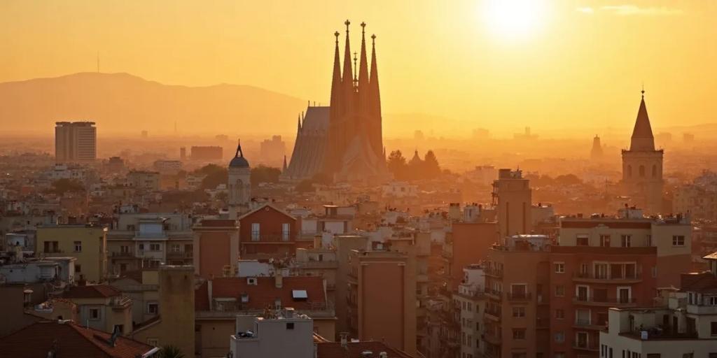 Dachy Barcelony i Sagrada Familia w złotej godzinie