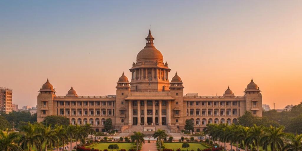 Okazała granitowa fasada Vidhana Soudha wznosząca się nad wypielęgnowanymi ogrodami w Bengaluru