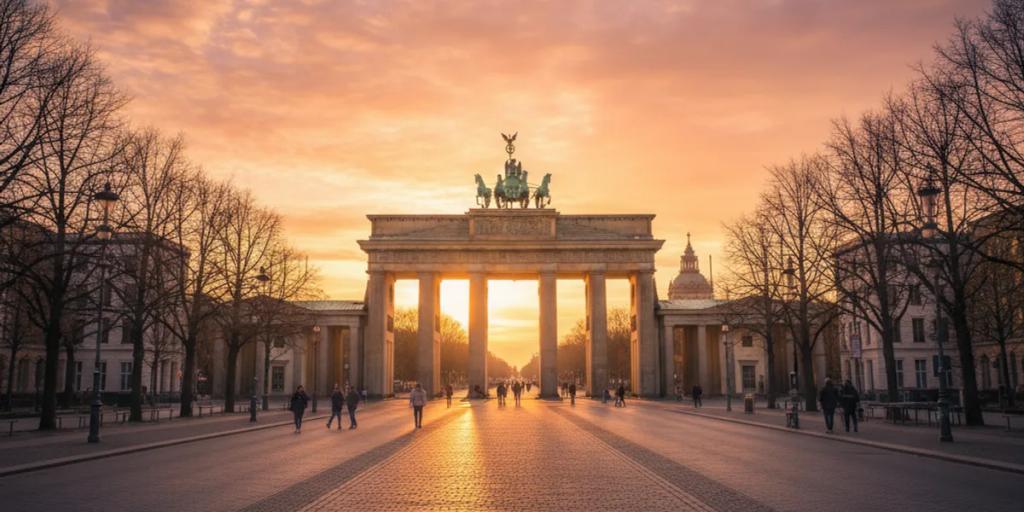 Brama Brandenburska rozświetlona o złotej godzinie z pustym Pariser Platz na pierwszym planie
