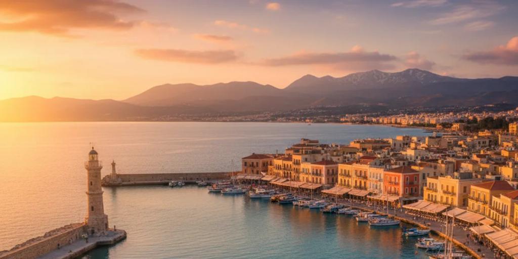 Wenecki port w Chanii o świcie, egipska latarnia morska odbijająca się w nieruchomej wodzie