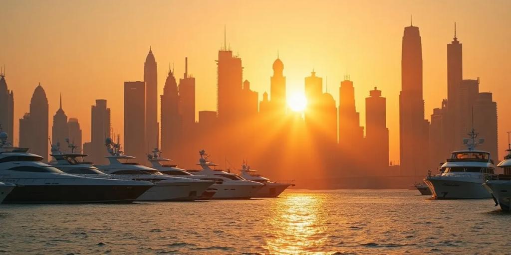 Panorama Dubaju z wieżą Burdż Chalifa górującą nad dzielnicą Downtown o zmierzchu