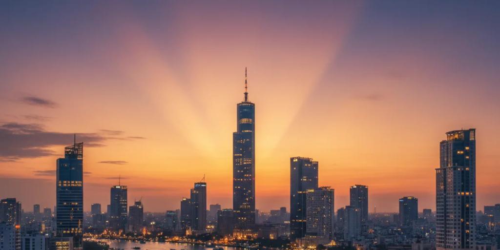 Panorama Ho Chi Minh z wieżą Bitexco górującą nad ruchem łodzi na rzece Sajgon