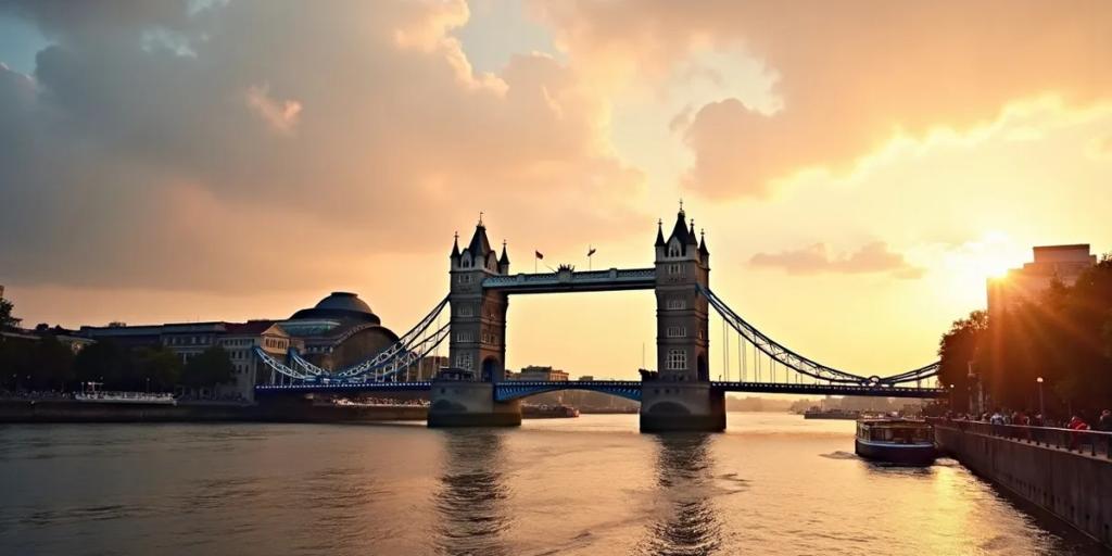Panorama Londynu nad Tamizą z Tower Bridge i dzielnicą City o zmierzchu