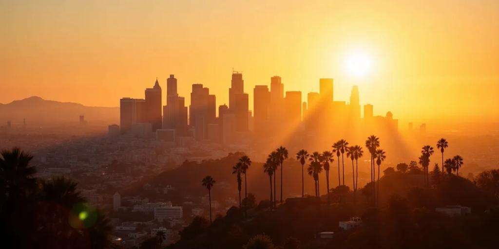 Węzeł autostradowy w Los Angeles o zmierzchu z panoramą śródmieścia i palmami