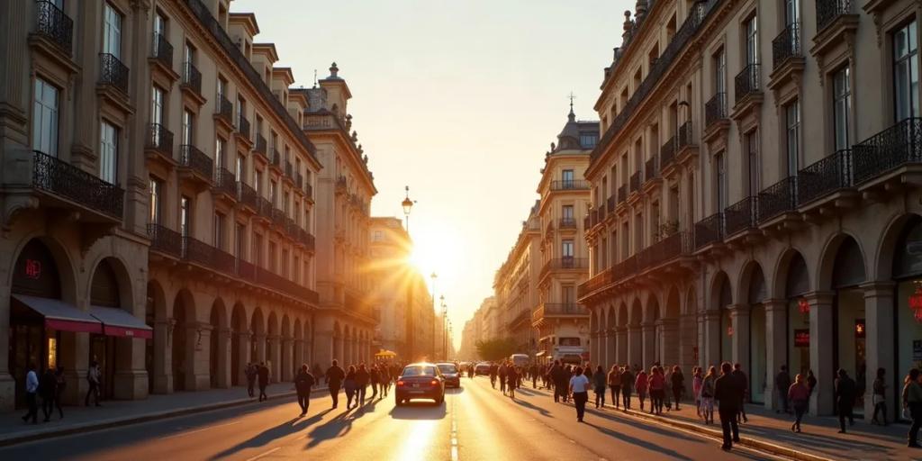 Gran Vía w Madrycie o zmierzchu z budynkiem Metropolis i wieczornym ruchem