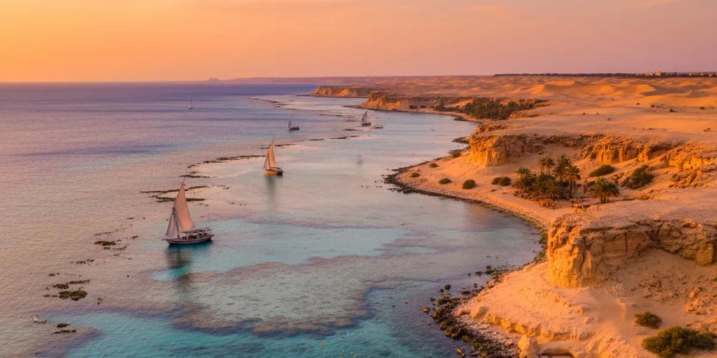 Turkusowa laguna Morza Czerwonego z płyciznami rafy stykającymi się z nagim pustynnym brzegiem koło Marsa Alam