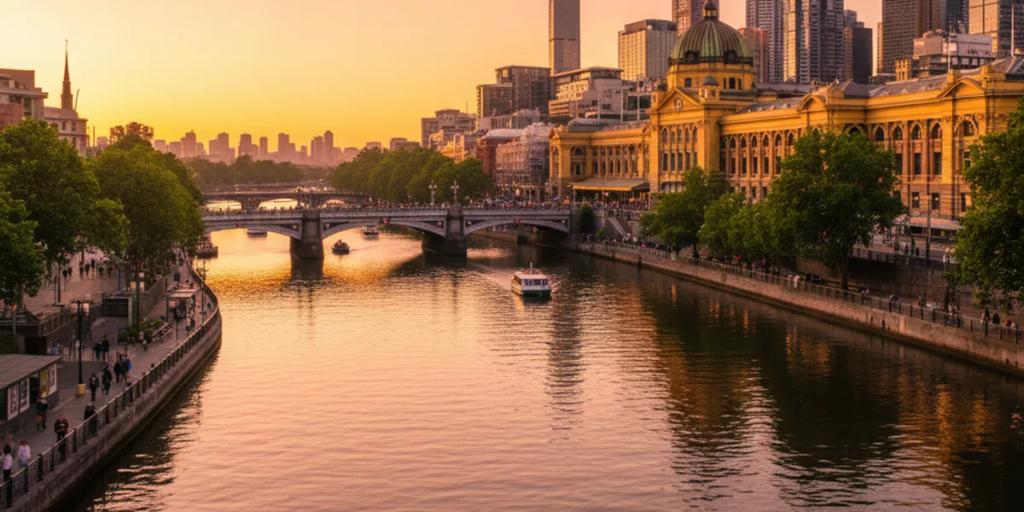 Rzeka Yarra i dworzec Flinders Street Station rozświetlone o złotej godzinie w centrum Melbourne