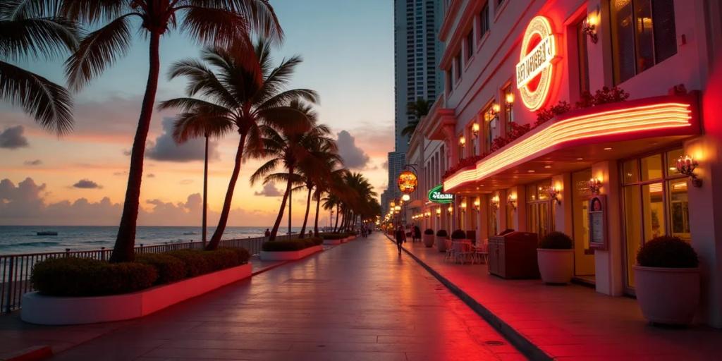 Fasady w stylu art déco przy Ocean Drive i palmy w Miami Beach o złotej godzinie