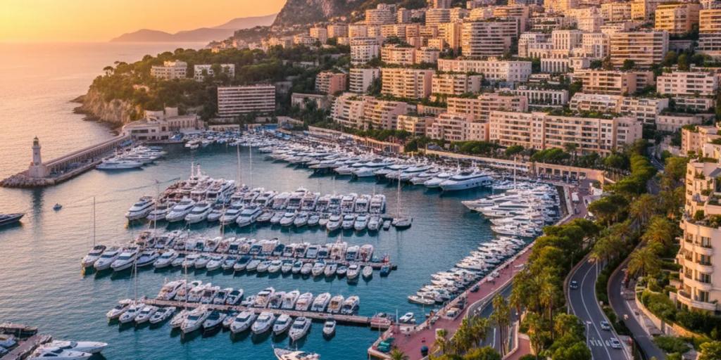 Superjachty stłoczone w Port Hercule poniżej wieżowców mieszkalnych na zboczu wzgórza w Monte Carlo