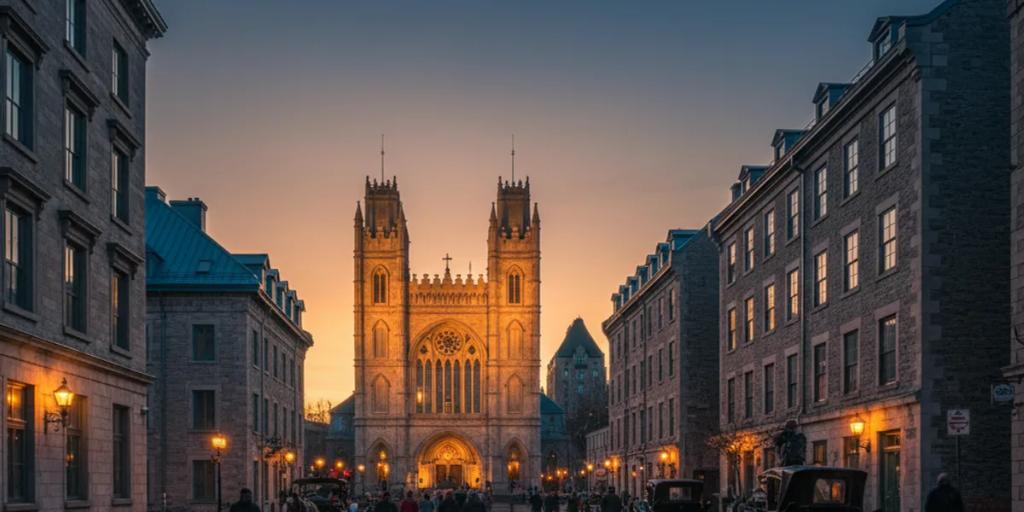 Brukowana uliczka w Starym Montrealu prowadząca do bliźniaczych wież bazyliki Notre-Dame
