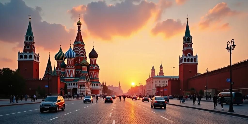 Sobór Wasyla Błogosławionego i Plac Czerwony o zmierzchu z podświetlonym wejściem do metra