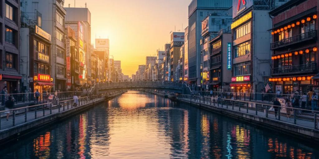 Kanał Dotonbori nocą z neonami odbijającymi się w wodzie