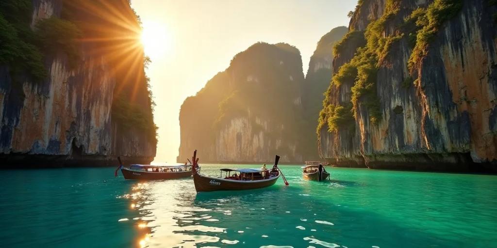 Łodzie longtail na plaży Phuket z zielonymi przylądkami o złotej godzinie