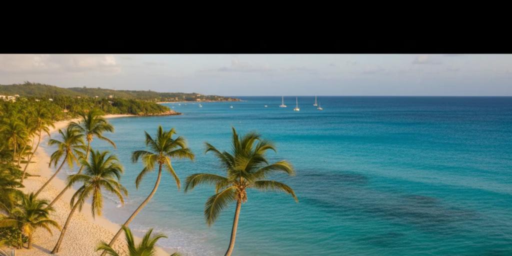 Palmy pochylone nad karaibską plażą z białym piaskiem i turkusową wodą w Punta Cana