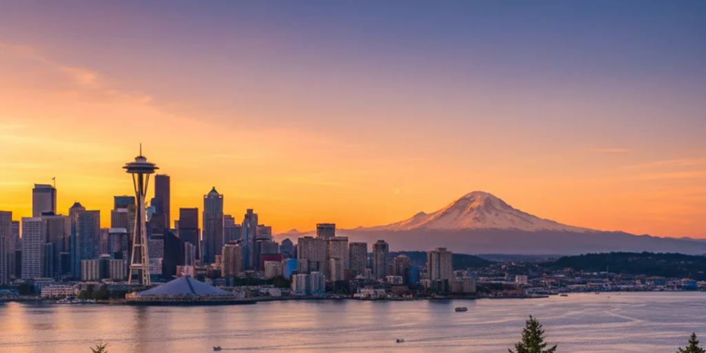Space Needle nad panoramą Seattle z ośnieżoną górą Mount Rainier na horyzoncie