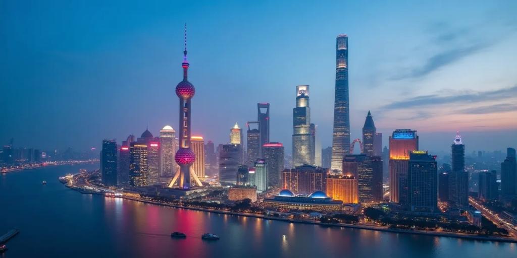 Panorama Pudongu z wieżą Oriental Pearl i Shanghai Tower rozświetlonymi o zmierzchu nad rzeką Huangpu
