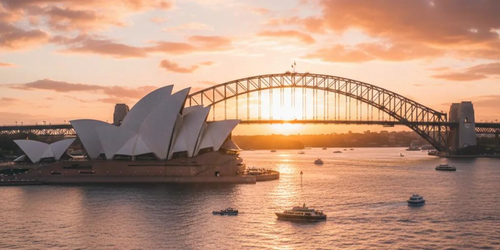 Opera w Sydney i Harbour Bridge rozświetlone w złotej godzinie, widziane znad wody