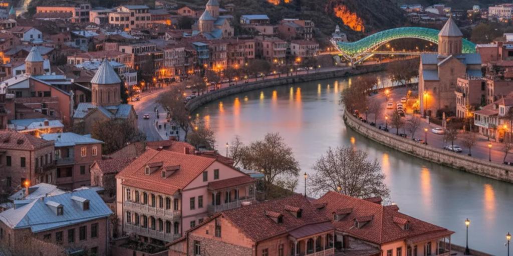 Rzeźbione drewniane balkony starówki Tbilisi spiętrzone na zboczu pod twierdzą Narikala