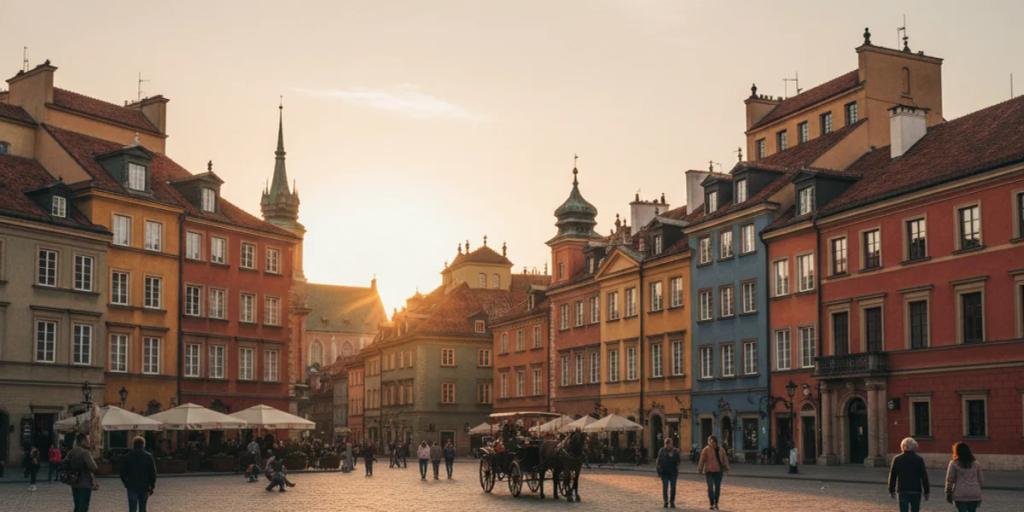 Kolorowe odbudowane fasady kamienic Rynku Starego Miasta w Warszawie w ciepłym świetle