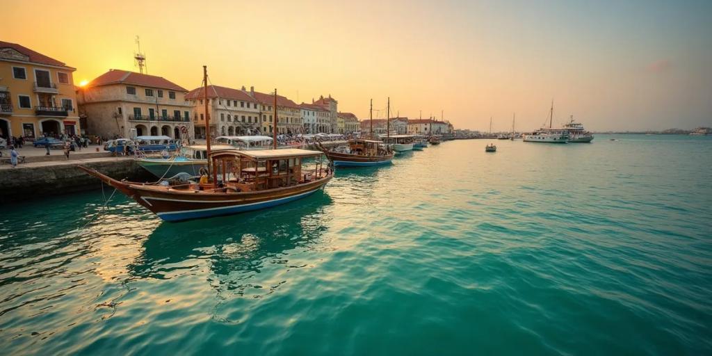 Żaglowiec dhow płynący obok nabrzeża Stone Town w złotej godzinie, Zanzibar