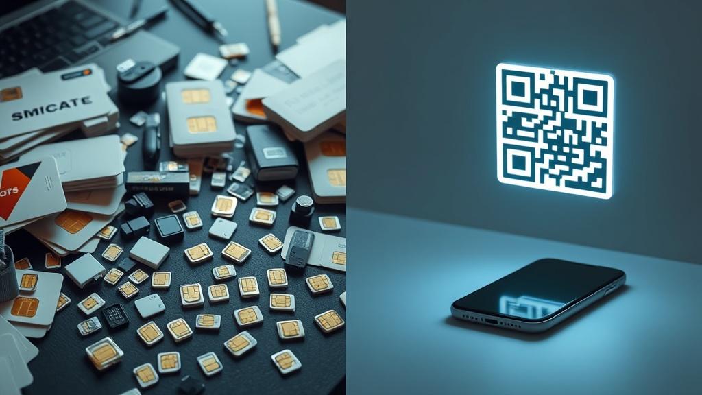 Bałagan z fizycznymi kartami SIM (po lewej) kontra prostota eSIM (po prawej).